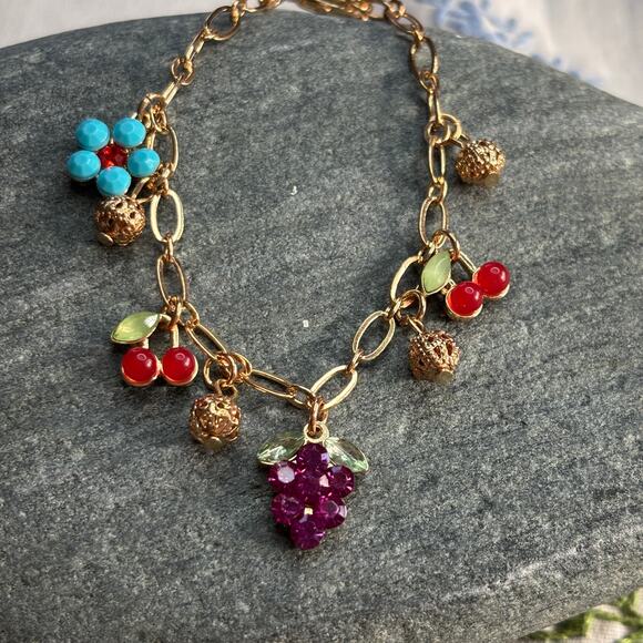 Fruity Charm Bracelet Rhinestones Enamel on Gold Paperclip Chain Dainty NEW Cute - Picture 1 of 7